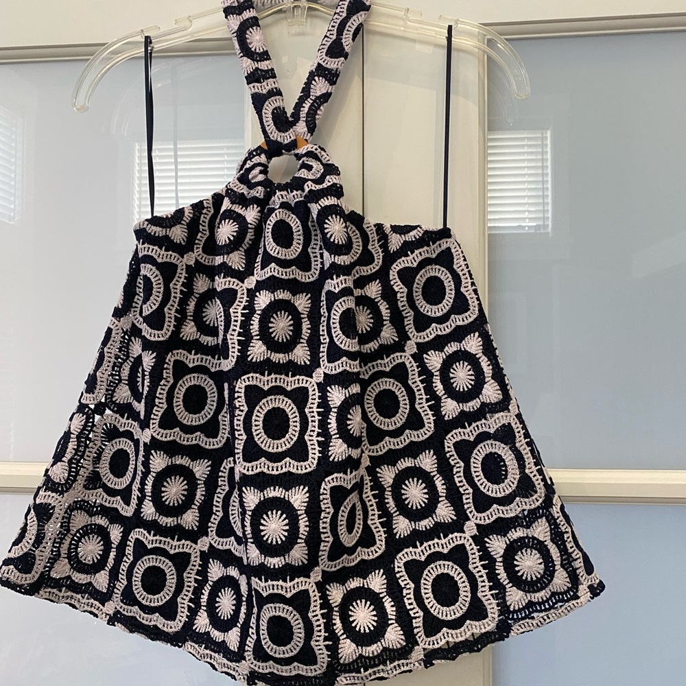Ramy Brook Navy and White Crochet Patterned Halter Top